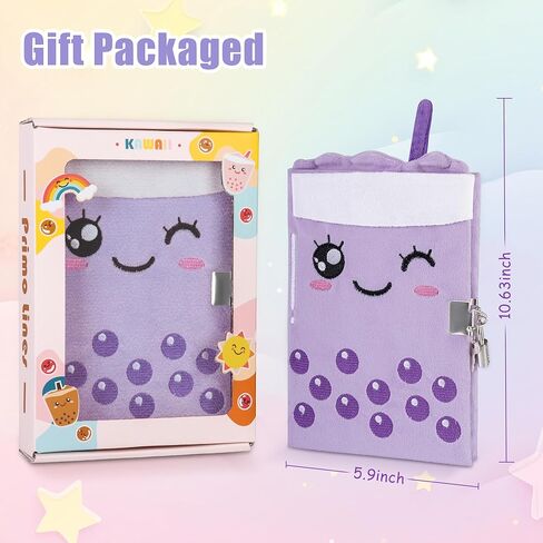 Gift Kit for Girls, Diary with Lock and Key,Boba Tea Plush Journal for Teen Girls,fuzzy diary for girls,Kawaii Birthday Gift Set for 5,6,7,8,9,10,Kids Notebooks with Purse,Bracelet,4 Straws Pens, Post-it Note,Stickers in Kuwait