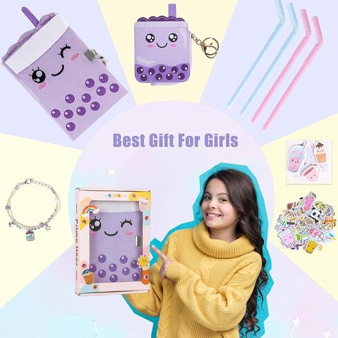Gift Kit for Girls, Diary with Lock and Key,Boba Tea Plush Journal for Teen Girls,fuzzy diary for girls,Kawaii Birthday Gift Set for 5,6,7,8,9,10,Kids Notebooks with Purse,Bracelet,4 Straws Pens, Post-it Note,Stickers in Kuwait