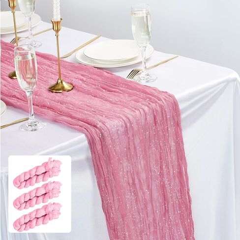Cheesecloth Sparkly Table Runner 35x120 Inches Gauze Boho Rustic Cheese Cloth Table Runner for Baby Shower Wedding Party Easter Spring Summer Home Decorations (Dusty Pink, 1 Pack-10FT) in Kuwait