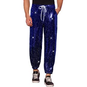 Lars Amadeus Sequins Drawstring Pants for Men's Elastic Waist Nightwear Club Shiny Jogger in Kuwait