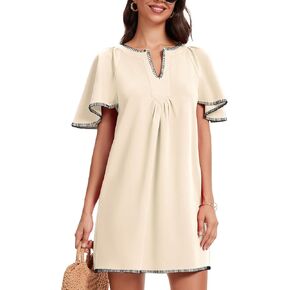 HOULENGS Women's Summer Ruffle Short Sleeve A Line Mini Dress Casual Contrast Trim V Neck Short Dress with Pockets in Kuwait