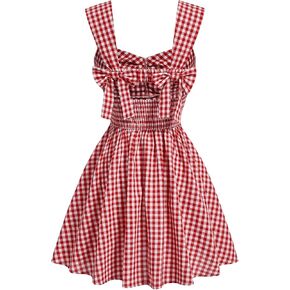 Floerns Women's Plaid Ruched Bust Sleeveless Vintage Bowknot Pleated Short Dresses in Kuwait