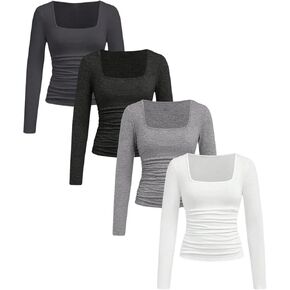COZYEASE Girl's 4 Pack T Shirt Set Ruched Square Neck Tee Long Sleeve Slim Fit Casual Basic Tops in Saudi Arabia