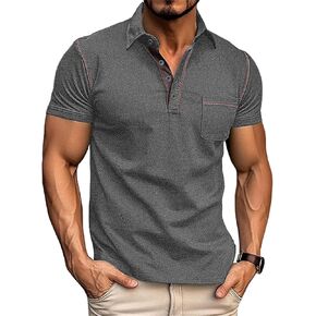 Men's Casual Polo Shirts Classic Short Sleeve Lightweight Button Cotton T-Shirt Golf Tee Tops with Pocket in Kuwait