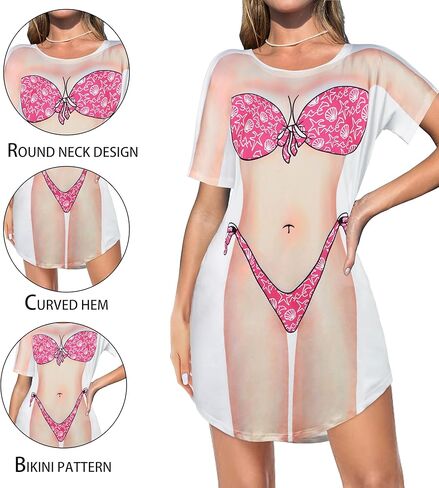 شاطئ Elescat Women's Beach Up Bikini مطبوع على الأكمام القصيرة Tshirt Dress Devgy Toverups لطيف in Kuwait