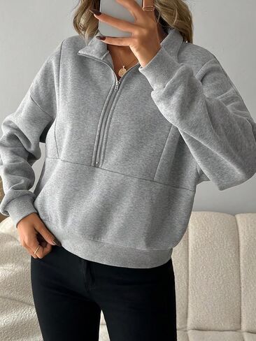 SweatyRocks Women's Zip Up Sweatshirt Collared Drop Shoulder Long Sleeve Loose Pullover Top in Saudi Arabia