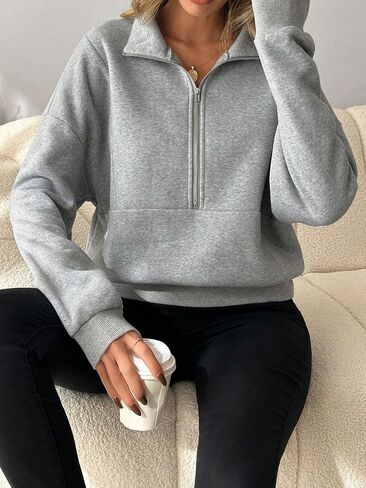 SweatyRocks Women's Zip Up Sweatshirt Collared Drop Shoulder Long Sleeve Loose Pullover Top in Saudi Arabia
