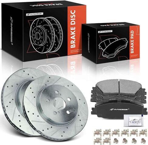 A-Premium 11.15 inch (283.1mm) Front Drilled and Slotted Disc Brake Rotors + Ceramic Pads Kit Compatible with Select Toyota Models - Corolla 2019-2022, Prius Prime 2020-2022, 6-PC Set in Saudi Arabia
