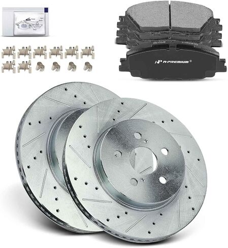 A-Premium 11.15 inch (283.1mm) Front Drilled and Slotted Disc Brake Rotors + Ceramic Pads Kit Compatible with Select Toyota Models - Corolla 2019-2022, Prius Prime 2020-2022, 6-PC Set in Saudi Arabia