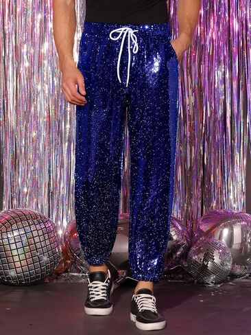 Lars Amadeus Sequins Drawstring Pants for Men's Elastic Waist Nightwear Club Shiny Jogger in Saudi Arabia