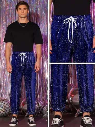 Lars Amadeus Sequins Drawstring Pants for Men's Elastic Waist Nightwear Club Shiny Jogger in Saudi Arabia