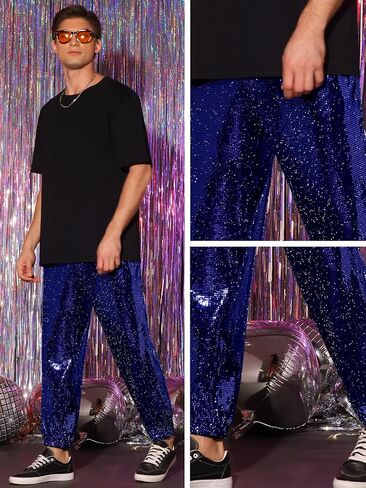 Lars Amadeus Sequins Drawstring Pants for Men's Elastic Waist Nightwear Club Shiny Jogger in Saudi Arabia