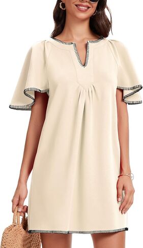 HOULENGS Women's Summer Ruffle Short Sleeve A Line Mini Dress Casual Contrast Trim V Neck Short Dress with Pockets in Kuwait