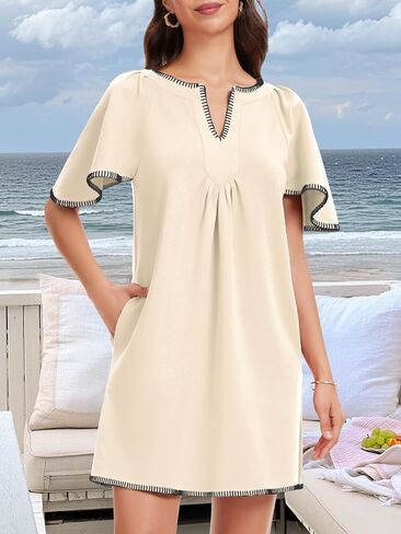 HOULENGS Women's Summer Ruffle Short Sleeve A Line Mini Dress Casual Contrast Trim V Neck Short Dress with Pockets in Kuwait