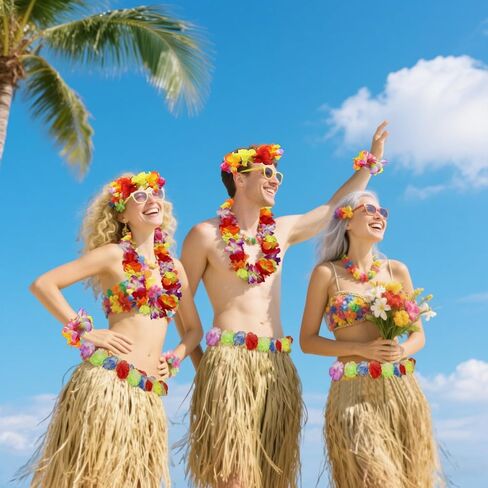 رافيا العشب هولا تنورة و hibiscus leis مجموعة أزياء هاواي للاختراق في هاواي حفلة الصيف شاطئ luau in Saudi Arabia