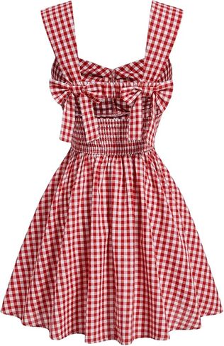 Floerns Women's Plaid Ruched Bust Sleeveless Vintage Bowknot Pleated Short Dresses in Kuwait