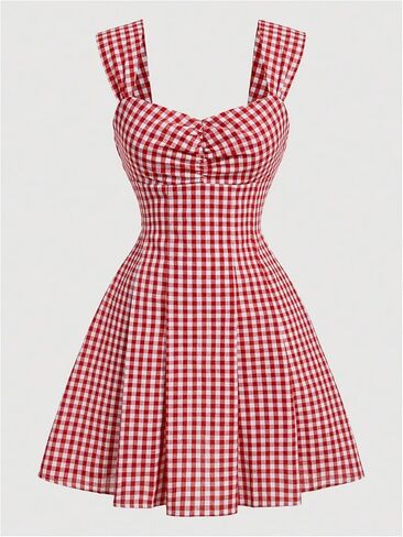 Floerns Women's Plaid Ruched Bust Sleeveless Vintage Bowknot Pleated Short Dresses in Kuwait