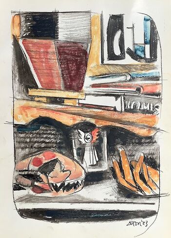 "Still Life w Cat Skull"; approx 12" x 9", china marker drawing and gouache on vintage paper. in Saudi Arabia