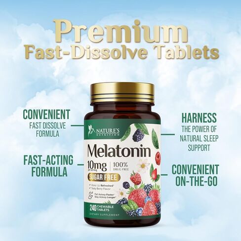 أقراص الميلاتونين 10 ملغ سريعة الذوبان، قوة إضافية - دعم النوم الخالي من السكر للبالغين - مكمل غذائي بنكهة الفراولة لدعم النوم الطبيعي - 120 قرص ميلاتونين، كمية تكفي 120 يومًا in Kuwait