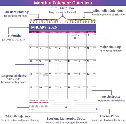 2025-2026 Wall Calendar – 18 Monthly Calendar 2025-2026, 8.5 x 11 In, Jan 2025 - Jun 2026, Small Calendar 2025 Vertical, Ruled Blocks, Thick Paper, Holidays, To-do ＆ Notes, Great for Planning in Saudi Arabia