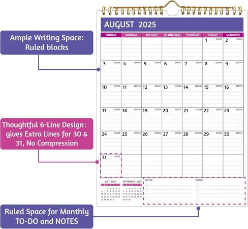 2025-2026 Wall Calendar – 18 Monthly Calendar 2025-2026, 8.5 x 11 In, Jan 2025 - Jun 2026, Small Calendar 2025 Vertical, Ruled Blocks, Thick Paper, Holidays, To-do ＆ Notes, Great for Planning in Saudi Arabia