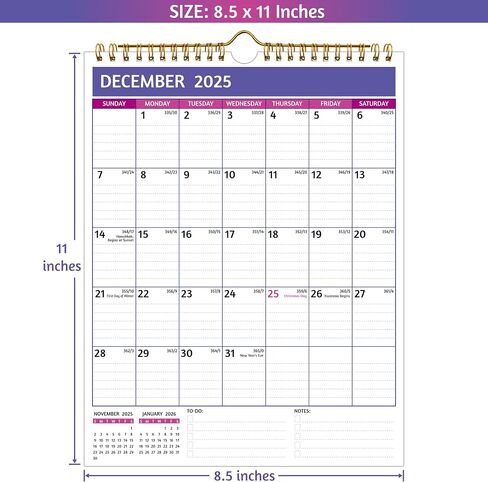 2025-2026 Wall Calendar – 18 Monthly Calendar 2025-2026, 8.5 x 11 In, Jan 2025 - Jun 2026, Small Calendar 2025 Vertical, Ruled Blocks, Thick Paper, Holidays, To-do ＆ Notes, Great for Planning in Saudi Arabia