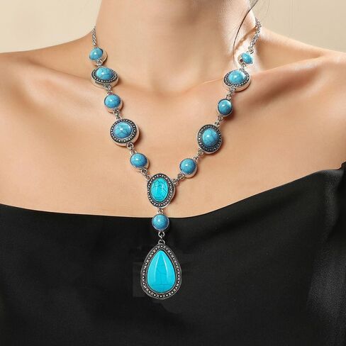 3pcs bohemian turquoise المجوهرات مجموعة للنساء المجوهرات الغربية boho الفيروز قلادة قلادة قلادة قلادة عتيقة دانغنن in Saudi Arabia