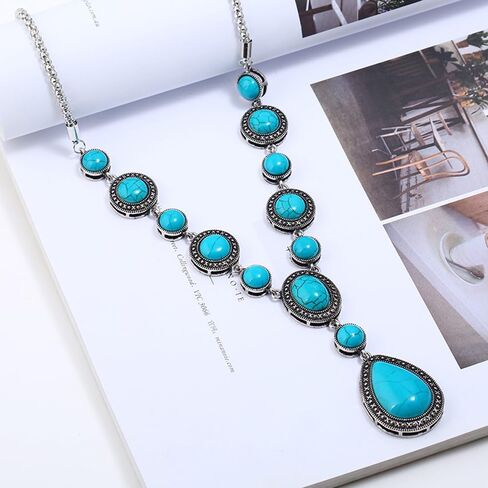 3pcs bohemian turquoise المجوهرات مجموعة للنساء المجوهرات الغربية boho الفيروز قلادة قلادة قلادة قلادة عتيقة دانغنن in Saudi Arabia