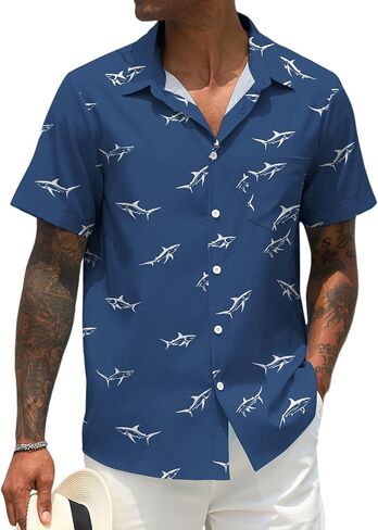 Men Button Up Short Sleeve Hawaiian Shirt Summer Tropical Beach Shirts for Vacation Fishing in Kuwait