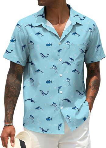 Men Button Up Short Sleeve Hawaiian Shirt Summer Tropical Beach Shirts for Vacation Fishing in Kuwait