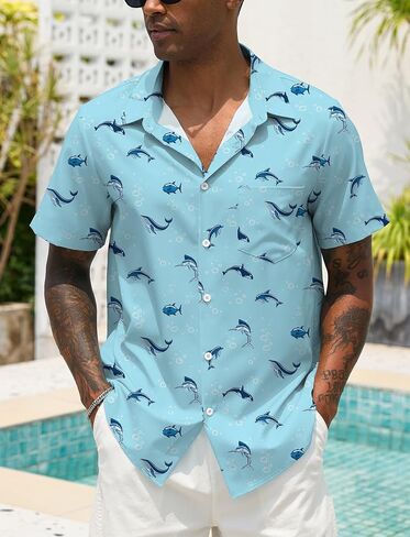 Men Button Up Short Sleeve Hawaiian Shirt Summer Tropical Beach Shirts for Vacation Fishing in Kuwait