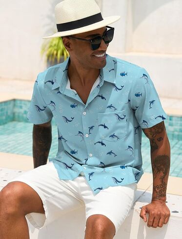 Men Button Up Short Sleeve Hawaiian Shirt Summer Tropical Beach Shirts for Vacation Fishing in Kuwait