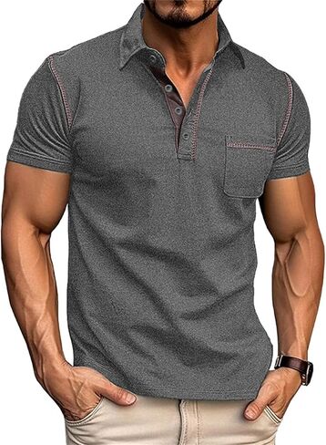 Men's Casual Polo Shirts Classic Short Sleeve Lightweight Button Cotton T-Shirt Golf Tee Tops with Pocket in Kuwait