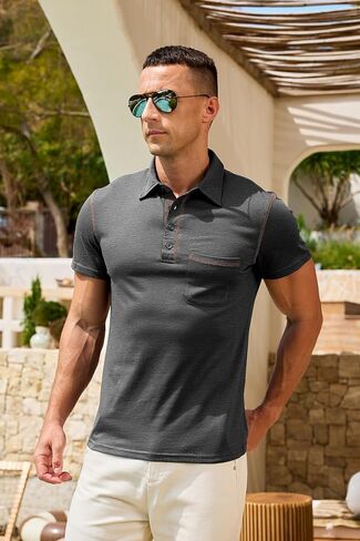 Men's Casual Polo Shirts Classic Short Sleeve Lightweight Button Cotton T-Shirt Golf Tee Tops with Pocket in Kuwait