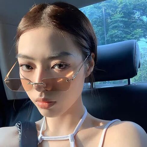 FEISEDY Rimless Sunglasses Y2K Retro Small Narrow Clear Eyewear Vintage Rectangle Sunglasses for Women Men B2643 in Saudi Arabia