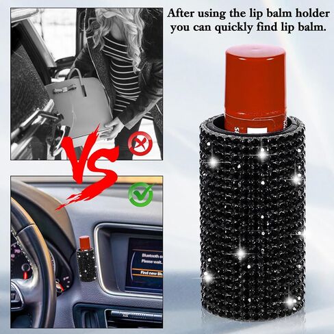 Car Lip Balm Holder, Upright Bling Lip Balm Mount Insulating Rhinestone Cars Accessories for Women Interior Suitable for Most Vehicles (Black) in Saudi Arabia