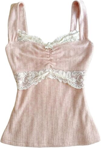 Women Fairy Grunge Tank Tops Vintage Aesthetic Lace Trim Cami Shirt Slim Fit Knit Ribbed Coquette Clothes in Kuwait