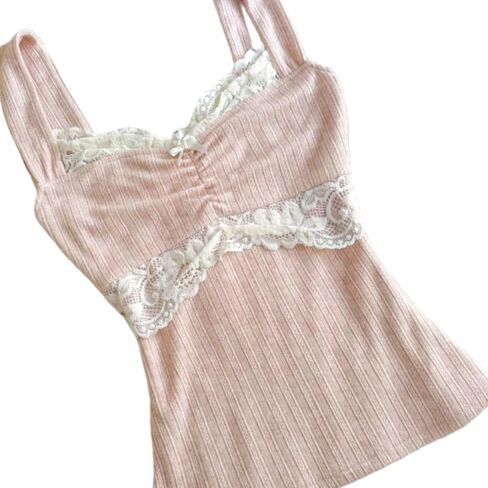 Women Fairy Grunge Tank Tops Vintage Aesthetic Lace Trim Cami Shirt Slim Fit Knit Ribbed Coquette Clothes in Kuwait