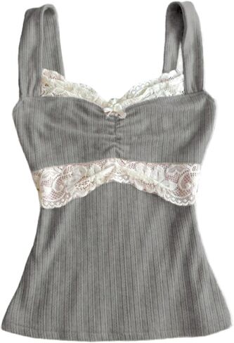 Women Fairy Grunge Tank Tops Vintage Aesthetic Lace Trim Cami Shirt Slim Fit Knit Ribbed Coquette Clothes in Kuwait
