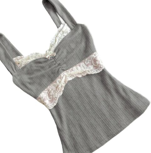 Women Fairy Grunge Tank Tops Vintage Aesthetic Lace Trim Cami Shirt Slim Fit Knit Ribbed Coquette Clothes in Kuwait
