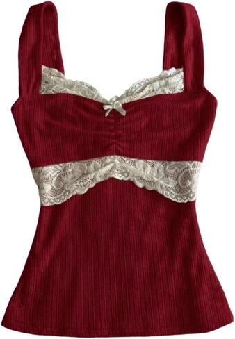 Women Fairy Grunge Tank Tops Vintage Aesthetic Lace Trim Cami Shirt Slim Fit Knit Ribbed Coquette Clothes in Kuwait