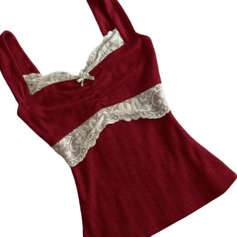 Women Fairy Grunge Tank Tops Vintage Aesthetic Lace Trim Cami Shirt Slim Fit Knit Ribbed Coquette Clothes in Kuwait