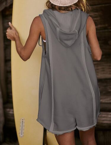 IDEALSANXUN Sleeveless Rompers for Women Summer Casual Zip Up Hoodies Shorts Jumpsuit with Pockets in Kuwait