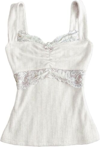 Women Fairy Grunge Tank Tops Vintage Aesthetic Lace Trim Cami Shirt Slim Fit Knit Ribbed Coquette Clothes in Kuwait