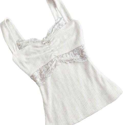 Women Fairy Grunge Tank Tops Vintage Aesthetic Lace Trim Cami Shirt Slim Fit Knit Ribbed Coquette Clothes in Kuwait