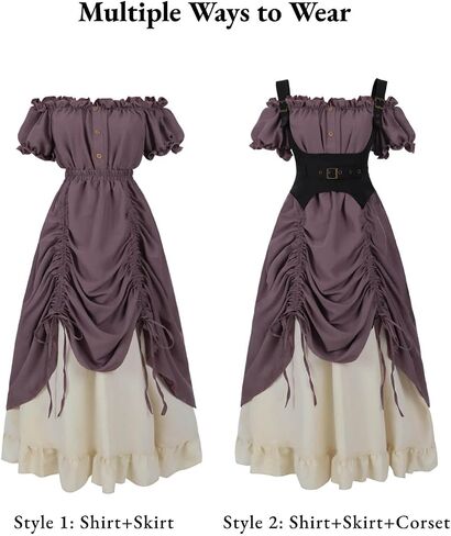 Nuoqi Renaissance Costume Women Off Shoulder Peasant Shirt Drawstring Victorian Skirt in Kuwait