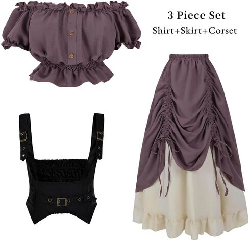 Nuoqi Renaissance Costume Women Off Shoulder Peasant Shirt Drawstring Victorian Skirt in Kuwait