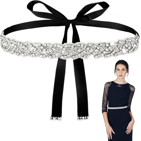 Extended Rhinestone Belt for Formal Dress, Fancy Women Sparkly Crystal Black Belts Glitter Sequin Bridal Wedding Bling Jeweled Accessory in Kuwait