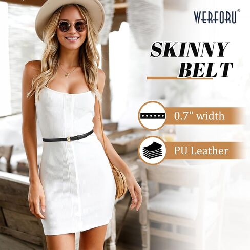 WERFORU Skinny Leather Belt for Dress Jeans Women Thin PU Leather Belt with Fashion Gold/Silver Buckle,0.7" Width in Saudi Arabia