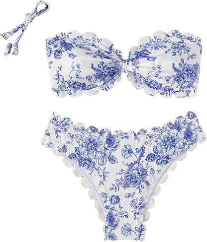 Shenhe Women's 2 قطعة Bandeau Bikini مجموعات الأزهار طباعة الأسقلوب البوهو بلا حمالات in Saudi Arabia